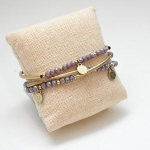 Light Purple & Gold Beaded Set Of 3 Stretch Bracelets